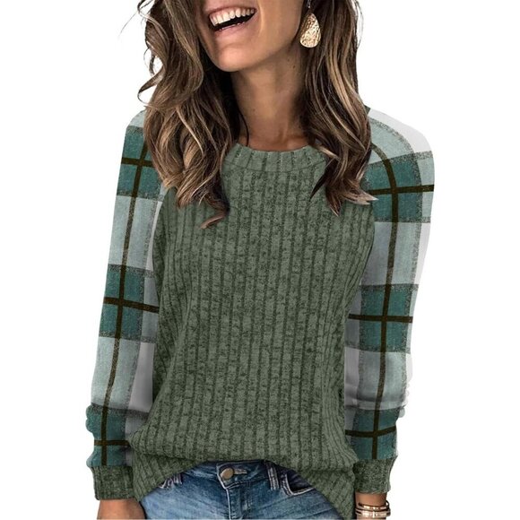 Tops - Women's green Plaid  Color Block Long Sleeve Shirt Lightweight Sweater